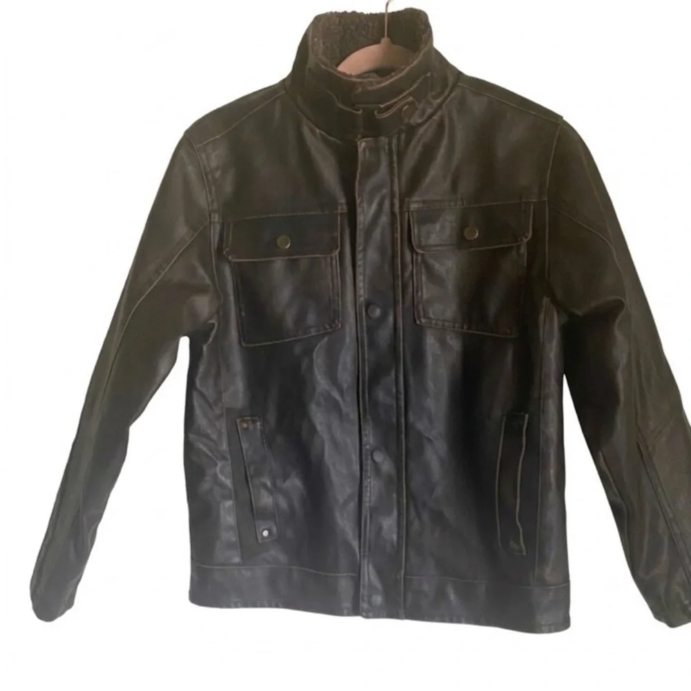 Hawke & Co Boys Brown Faux Leather Sherpa Collar Bomber Biker Moto Jacket 10/12